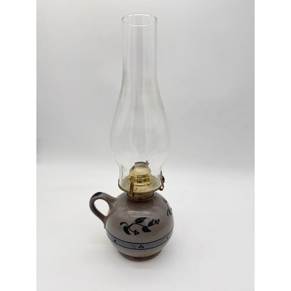 Rare Rowe Pottery Works Salt Glazed USA Oil Lamp Floral Pattern Painted 15”